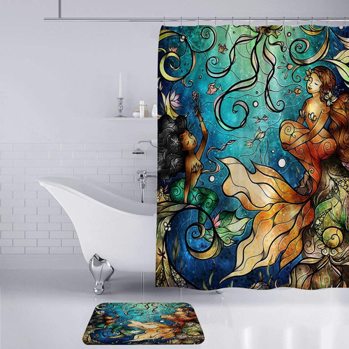 Cortina De Ducha Impermeable Sirena Con Ganchos