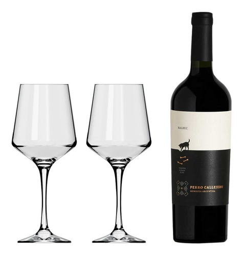 Set Vino Perro Callejero 750 + 2 Copas Vidrio Brunello 490ml