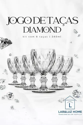 Jogo Kit 6 Taças Vidro 340ml Diamond  Luxo Moderno Agua Transparente