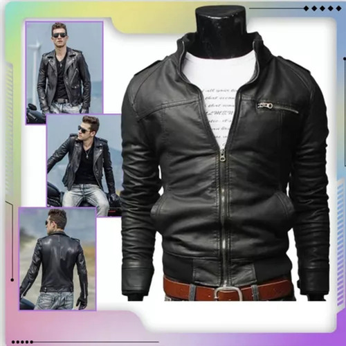 Chamarras Casual Tipo Piel Cremallera Moda Hombres Slim Fit