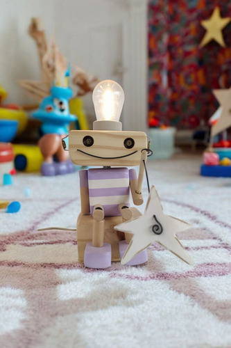 Lámpara Infantil Pescador Madera Luz Cálida Velador Noche Lila