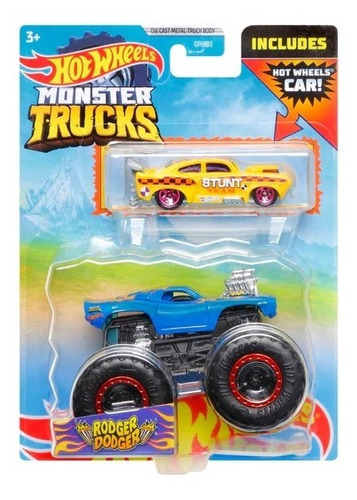 Hot Wheels Monster Trucks Rodger Dodger Con Coche Extra Azul