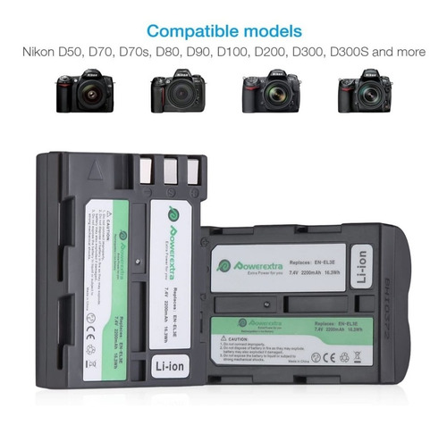 Cargador Y 2 Baterias Powerextra En-el3e Compatibe Nikon