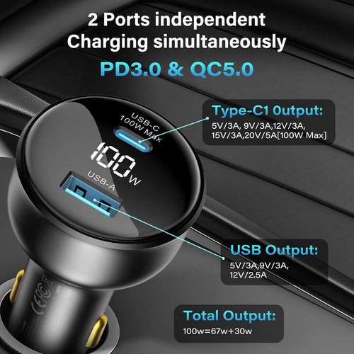 Topadre Cargador De Coche Usb C De 100 W Con Pantalla, Adapt