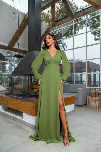 Vestido Em Mousseline Com Mangas