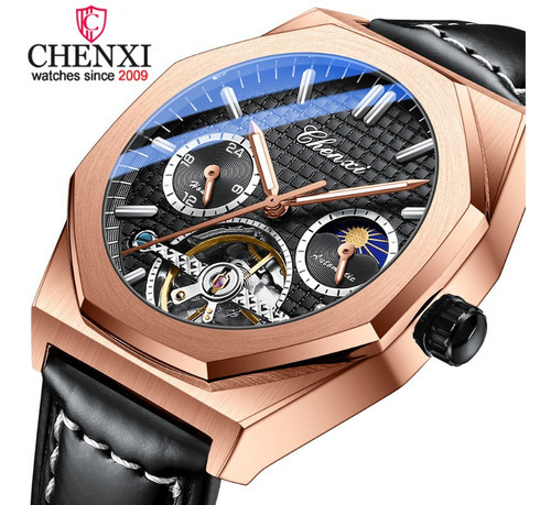 Reloj Mecánico De Fase Lunar Chenxi Tourbillon Color Del Fondo Rose Black