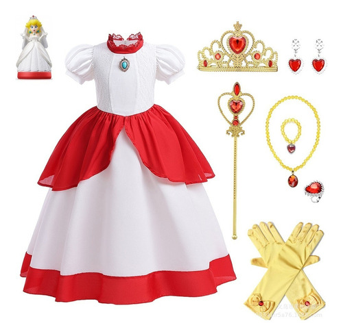 Set De Vestido De Princesa Peach Halloween Super Brother Cosplay Regalo Para Niña - Accesorios Coronas, Pendientes, Collares, Guantes