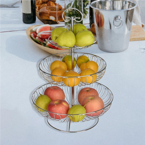 Cesta De Frutas De Aço Inoxidável De 3 Níveis Para, Prata