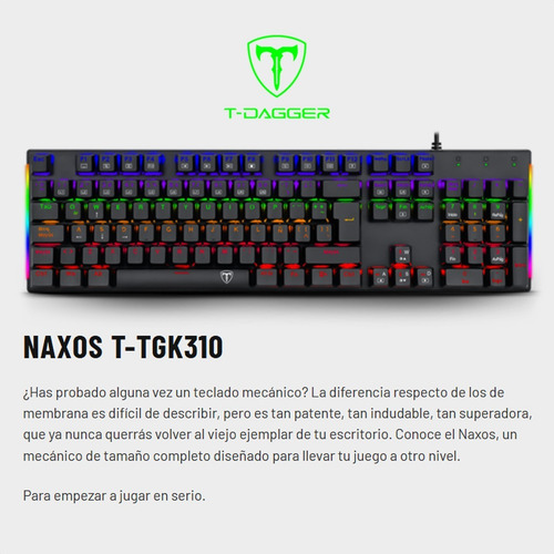 Imagen 3 de 8 de Teclado Gamer Mecánico T-dagger Tgk-310 Naxos, Rgb / Rainbow