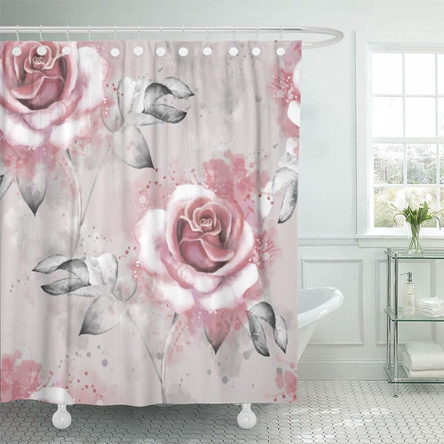 Cortina Ducha Impermeable Ajustable Poliester Flor Rosa Hoja