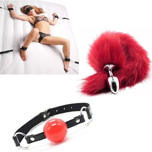 Set Amarre Cama+plug Anal Cola Zorro Roja+gagball Sado Fetis