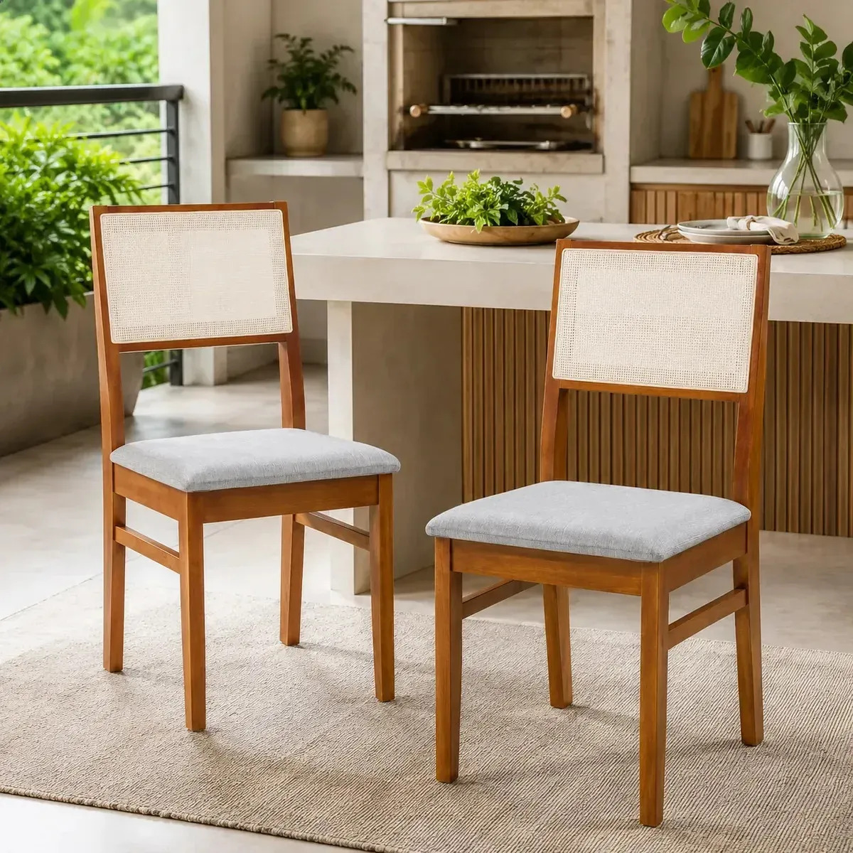 Kit Conjunto 2 Cadeiras Sala De Jantar Cozinha Varanda Madeira Maciça Eucalipto Roma Encosto Tela Clássica Assento Estofado Elegante Conforto Linho Espuma D23 Firme Resistente Já M