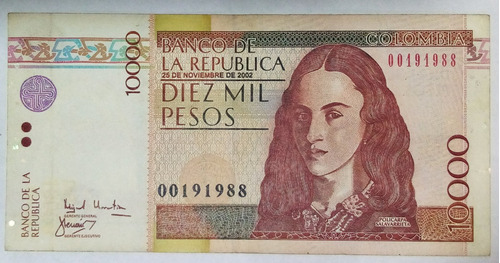 Billete 10000 Pesos 25/nov/2002 Colombia Vf Exceso De Tinta