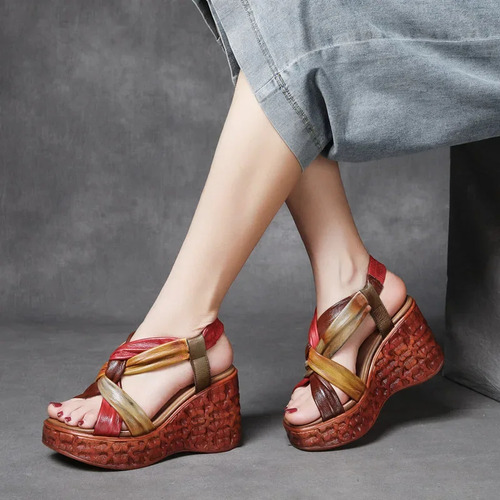 Sandalias Étnicas De Tacón Alto Para Mujer De Cuero Genuino
