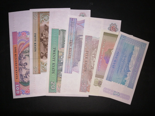 Colección De 7 Billetes, Myanmar, Nuevos (Usado)