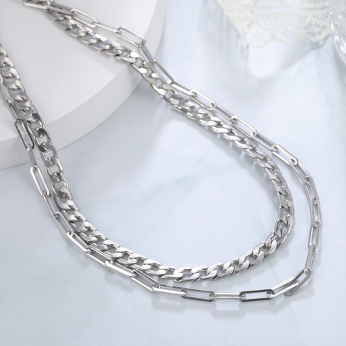 Imagen 6 de 10 de Cadena Cubana Eslabones Hombre Collar Doble Acero Plata 8mm