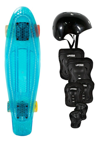 Kit Juvenil Patineta Penny Transparente Led + Protecciones Color de las ruedas Azul negro