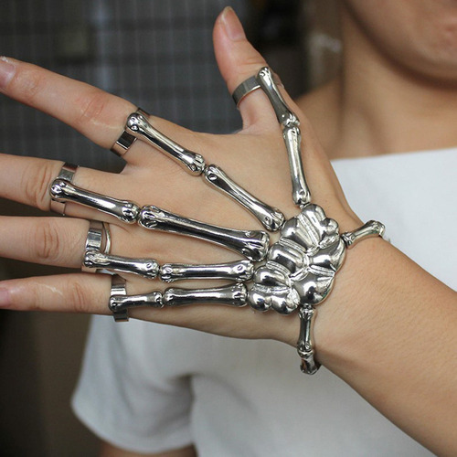 Pulseira De Mão Esqueleto Ajustável Com Anéis Halloween