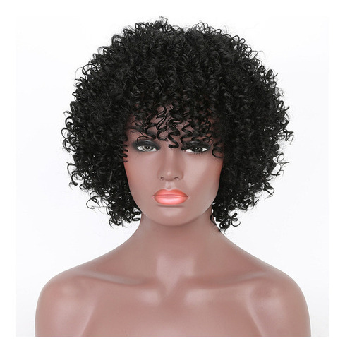 Peluca De Cabello Humano Corto Tipo Black Afro Curl + Cap Tono Negro