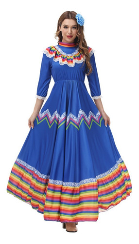 Vestido Largo Mexicana De Fiesta Manga Larga Cuello Redondo