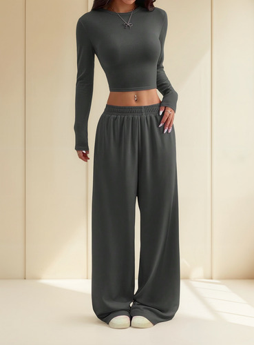Pantalones Anchos Jogging Tiro Medio Y Remera Stock Inmediat