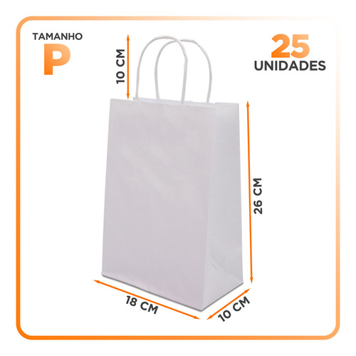 25 Sacolas De Papel Kraft Branca 26 X 18 X 10 Cm Tamanho P