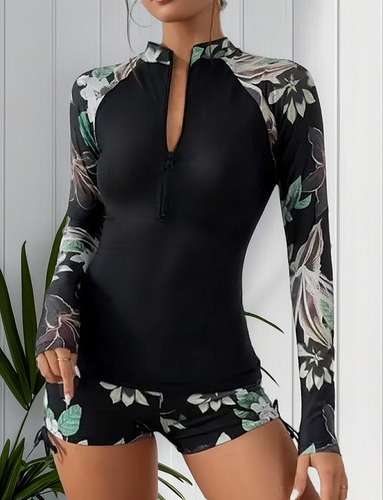 A Bañador De 2 Piezas Con Estampado Floral Manga Larga