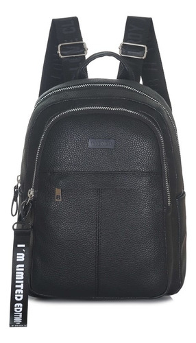 Mochila Mujer Trendy Eco Cuero Bolsillo Frontal Llavero Color Negro 16486 Diseño De La Tela Lisa