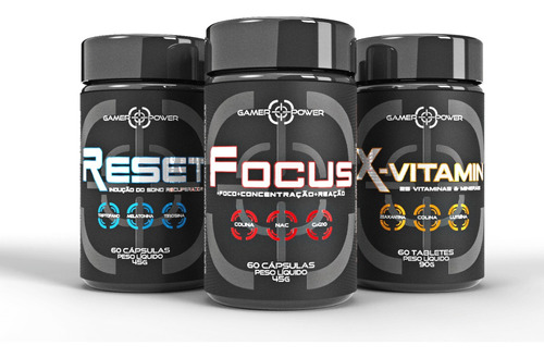 Kit 3 Nootrópicos: 1 Reset + 1 Focus + 1 Xvitamin - Suplementos Nootrópicos Em Cápsulas Brain Up Booster - Gamer Power Nutrition - Sabor Natural