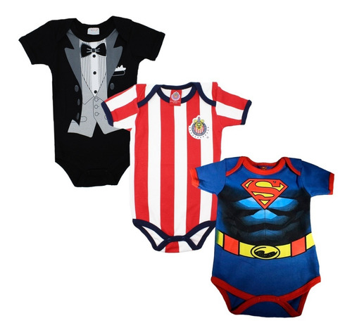 Imagen 1 de 10 de Pañalero Ropa Bebe Chivas Futbol Smoking Superman Set 3 Pzs