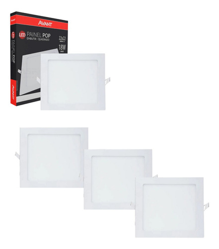 Kit 4 Plafon Bivolt 22x22 Luz Branca Quadrado - Avant Cor Branco 110V/220V