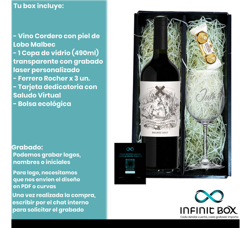 Box Vino Cordero Mal+ 1 Copa Vidrio Grabada + Ferrero Rocher