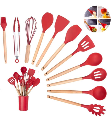 Kit 12 Utensílios Cozinha Silicone Cabo Madeira Resistente