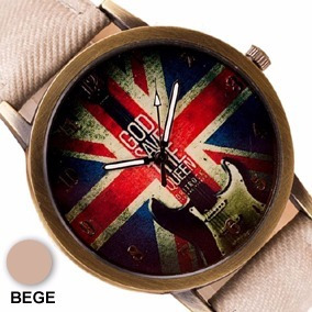 Relógio Vintage Bandeira Inglaterra Pulseira Tecido Bege