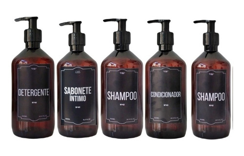 Kit 5 Frascos Ambar Banho Saboneteira Shampoo Cond Hid 500ml
