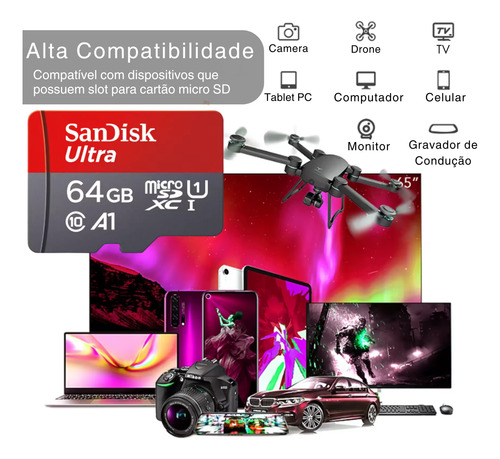 Cartão De Memória 64gb Classe 10 Para Celulares Câmeras