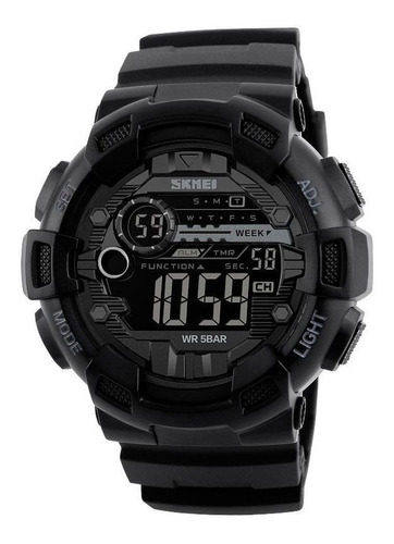 Relógio de pulso skmei 1243 fitgear, corpo preto, digital, masculino, fundo  preto, com correia de poliuretano cor preto, subdials de cor cinza, ponteiro de minutos/segundos cinza, bisel cor preto, l