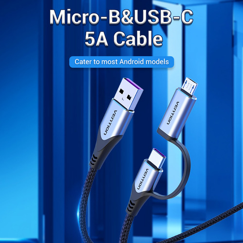 Cable Vention 2 En 1 - Usb A Usb C + Micro Usb B - Carga Rapida 5a - 1 Metro Aluminio Y Trenzado - Negro - Cargador Y Datos 480 Mbps - Para Pc Notebook Macbook Celular Tablet Auriculares - Cqfhf