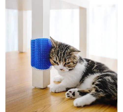 Escova Massageadora Gato Erva Catnip Fita Dupla Face Parede Cor Azul
