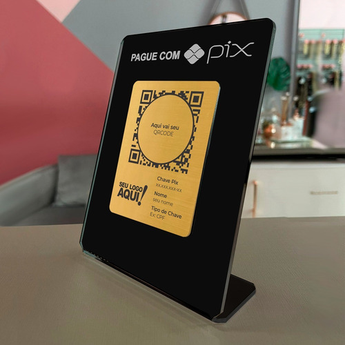 Placa Acrílico Preto C/ Dourado Pix, Whatsapp, Google, Wifi