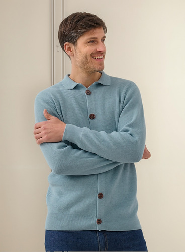 Cardigan Sweater Hombre Cuello Chomba Botones Suave