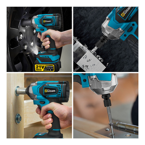1200N.m Llave De Impacto Inalámbrica Con 2 Baterías de 4.0ah Y 33 Accesorios, Gisam W3732 Color Azul