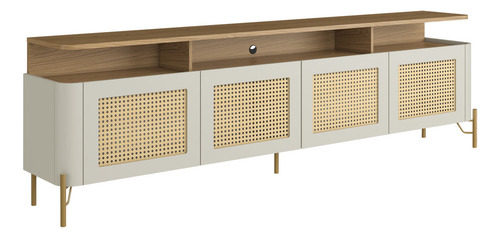 Rack Para Tv 220cm Com Porta Sextavada Pés Em Metal 100% Mdf Cor Louro E Luna Com Dourado
