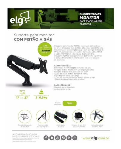 Imagem 9 de 10 de Suporte Para Monitor F80n ELG Ajuste De Altura Pistão A Gás