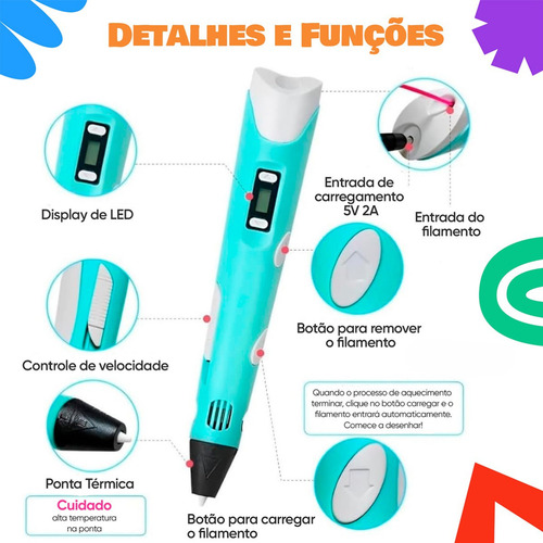 Caneta Impressora 3d Magica Profissional E Infantil C/ Refil Cores Sortidas EX Decor