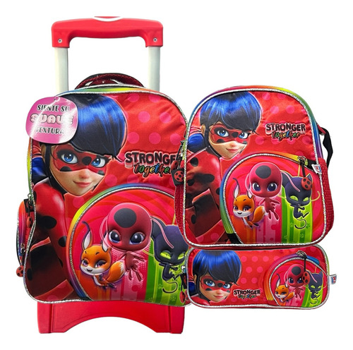 Kit Mochila Lady Bug Ruedas Lonch Lapicera Original Primaria