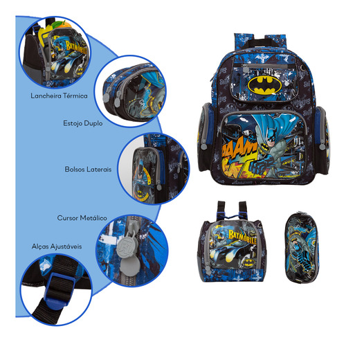 Kit Mochila Escolar Menino Batman Com Lancheira Infantil