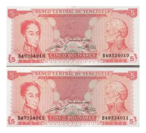 Dos Billetes Venezolanos Para Coleccionistas. Bs.5 Año 1989 