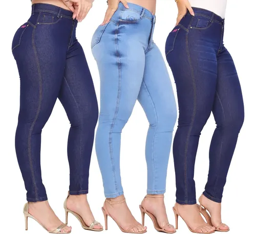 Kit 3 Calça Jeans Feminina Cintura Alta C/ Elastano Lycra