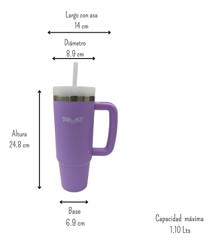 Termo Viaje 1.10 Lt Inox Doble Pared Térmica C/tapa Y Popote Lila